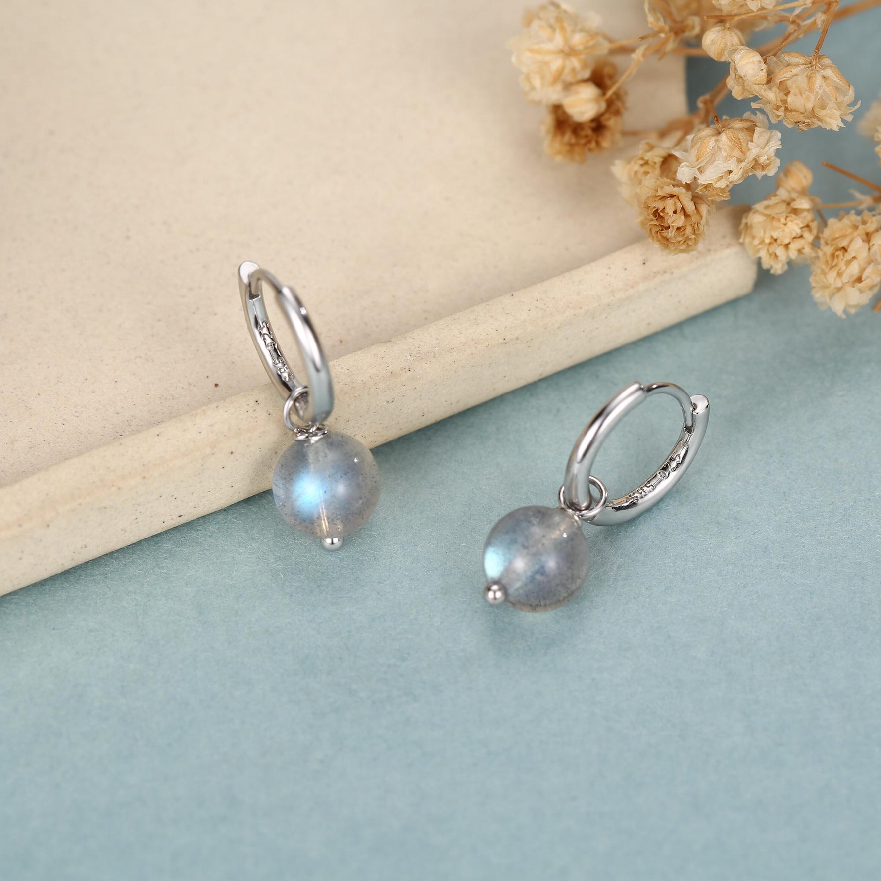 Genuine Labradorite Stone Beaded Huggie Hoop Earrings in Sterling Silver, 6mm Labradorite Hoops, Detachable Charms