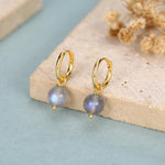 Genuine Labradorite Stone Beaded Huggie Hoop Earrings in Sterling Silver, 6mm Labradorite Hoops, Detachable Charms