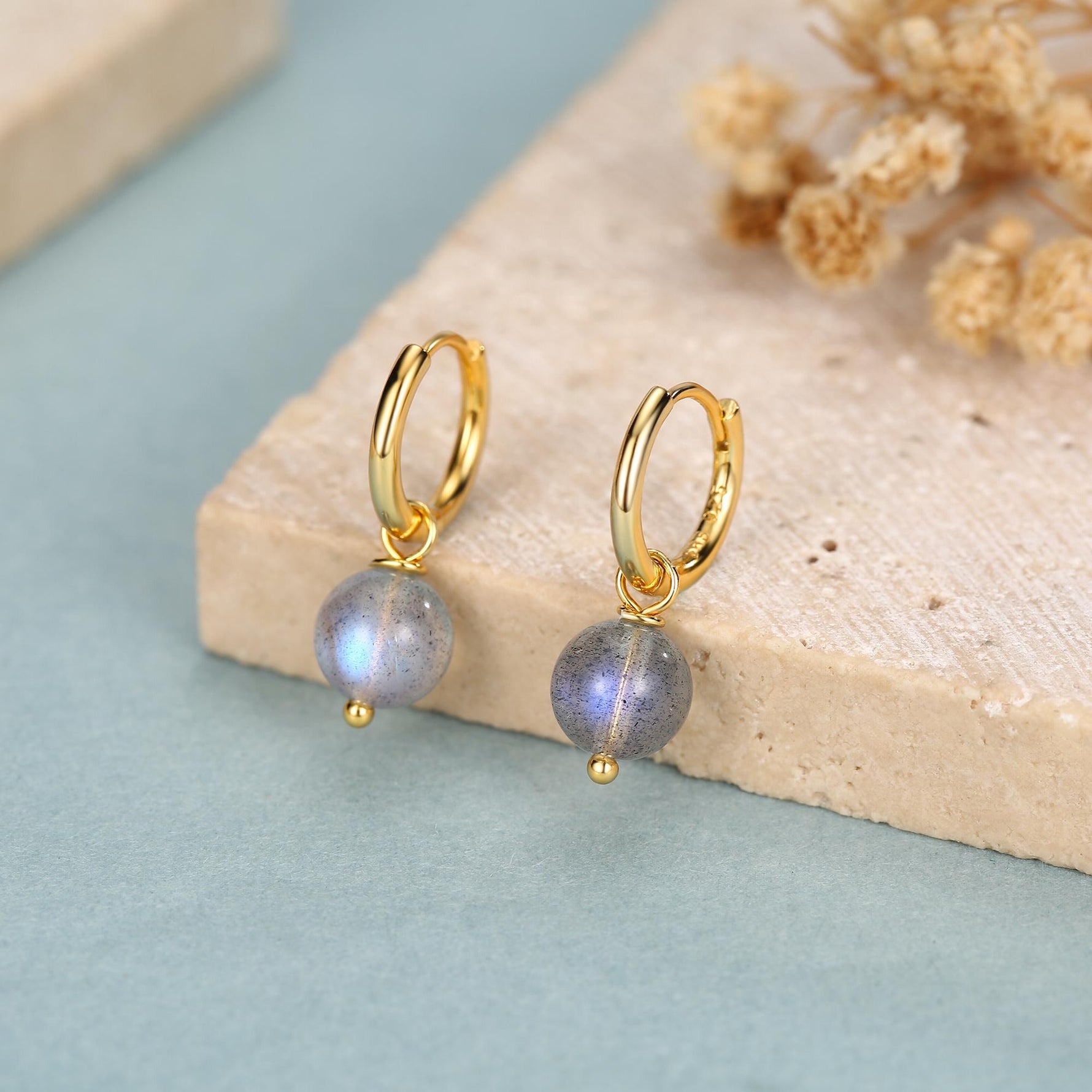 Genuine Labradorite Stone Beaded Huggie Hoop Earrings in Sterling Silver, 6mm Labradorite Hoops, Detachable Charms