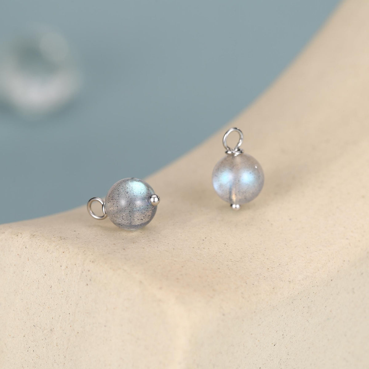 Genuine Labradorite Stone Beaded Huggie Hoop Earrings in Sterling Silver, 6mm Labradorite Hoops, Detachable Charms