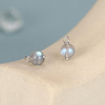 Genuine Labradorite Stone Beaded Huggie Hoop Earrings in Sterling Silver, 6mm Labradorite Hoops, Detachable Charms