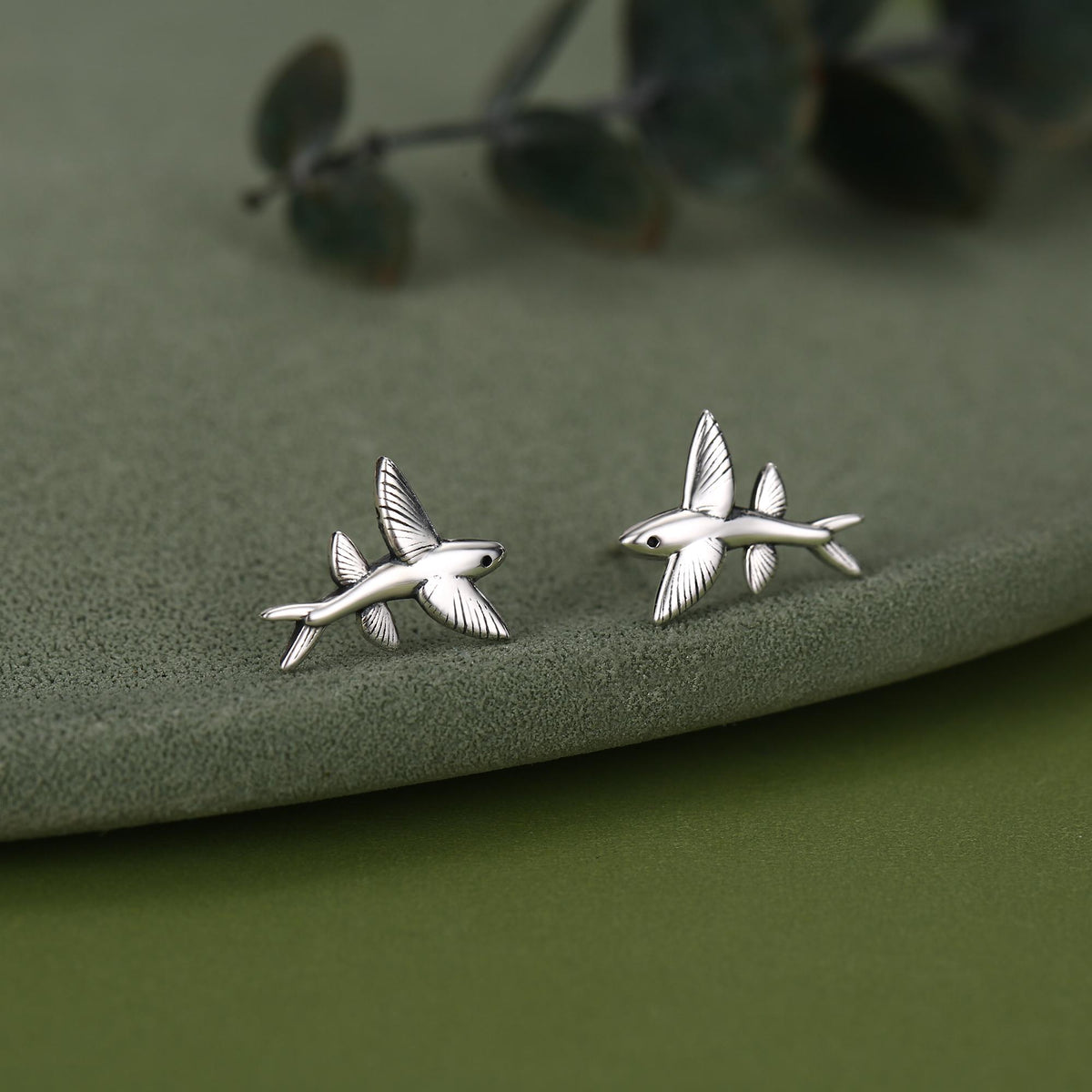 Very Tiny Flying Fish Stud Earrings in Sterling Silver, Silver or Gold or Mixed Tone, Cute Flying Fish Earrings