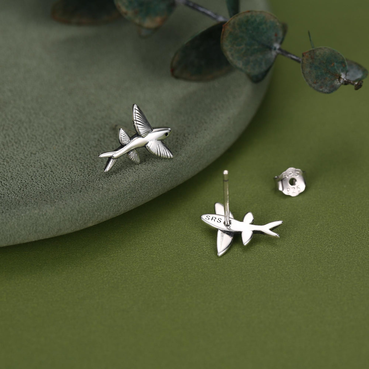 Very Tiny Flying Fish Stud Earrings in Sterling Silver, Silver or Gold or Mixed Tone, Cute Flying Fish Earrings