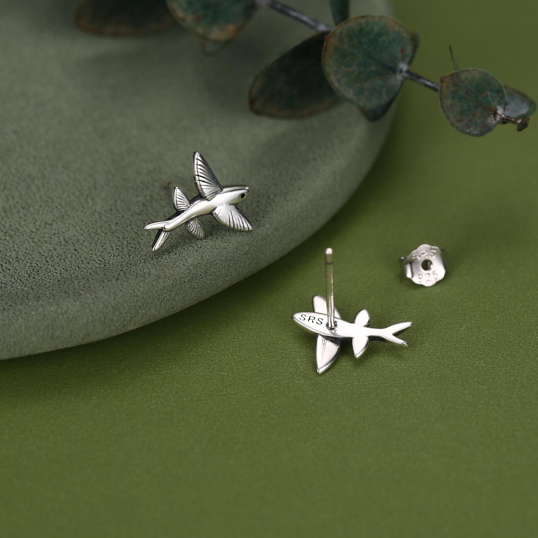 Very Tiny Flying Fish Stud Earrings in Sterling Silver, Silver or Gold or Mixed Tone, Cute Flying Fish Earrings