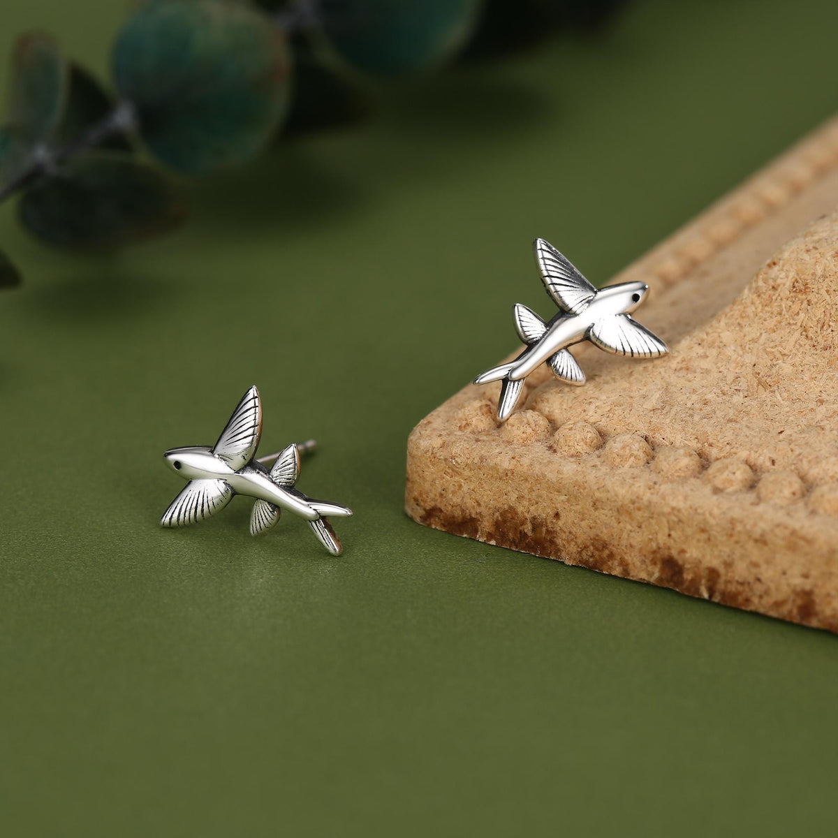 Very Tiny Flying Fish Stud Earrings in Sterling Silver, Silver or Gold or Mixed Tone, Cute Flying Fish Earrings