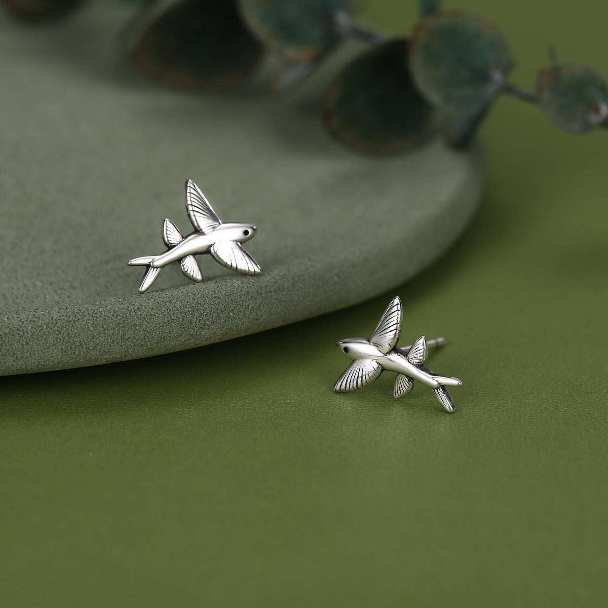 Very Tiny Flying Fish Stud Earrings in Sterling Silver, Silver or Gold or Mixed Tone, Cute Flying Fish Earrings