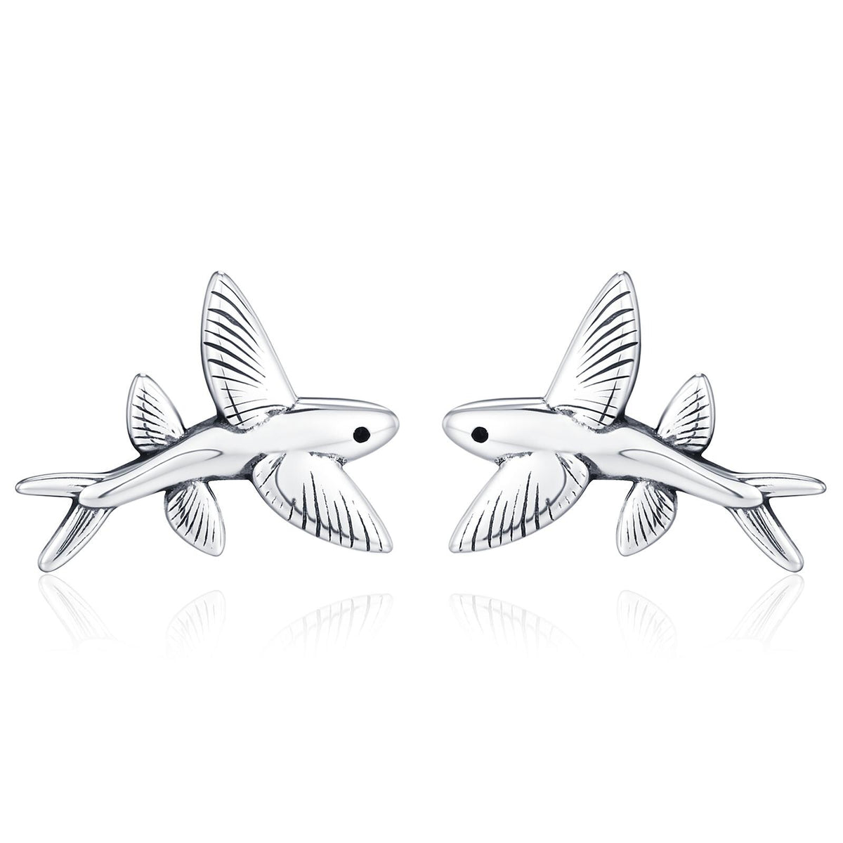 Very Tiny Flying Fish Stud Earrings in Sterling Silver, Silver or Gold or Mixed Tone, Cute Flying Fish Earrings