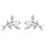 Very Tiny Flying Fish Stud Earrings in Sterling Silver, Silver or Gold or Mixed Tone, Cute Flying Fish Earrings