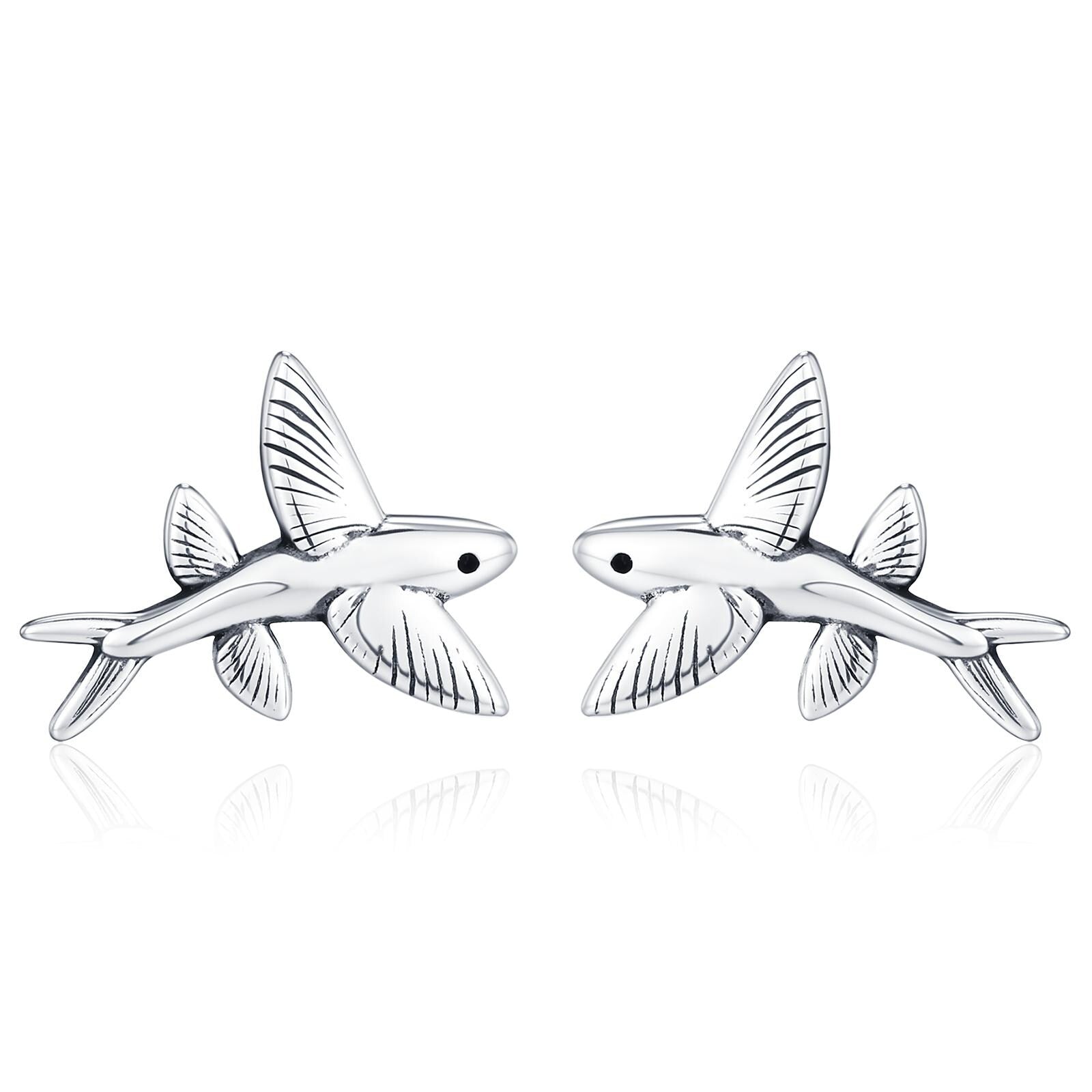 Very Tiny Flying Fish Stud Earrings in Sterling Silver, Silver or Gold or Mixed Tone, Cute Flying Fish Earrings