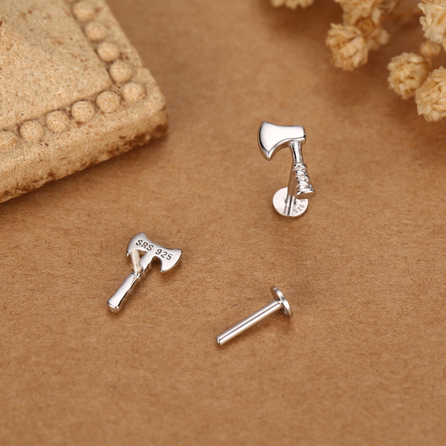 Sterling Silver Viking Axe Mismatched 16G Flat Back Labret Earrings