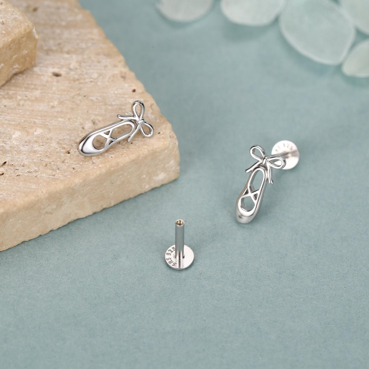 Sterling Silver Ballet Slipper 16G Flat Back Earrings