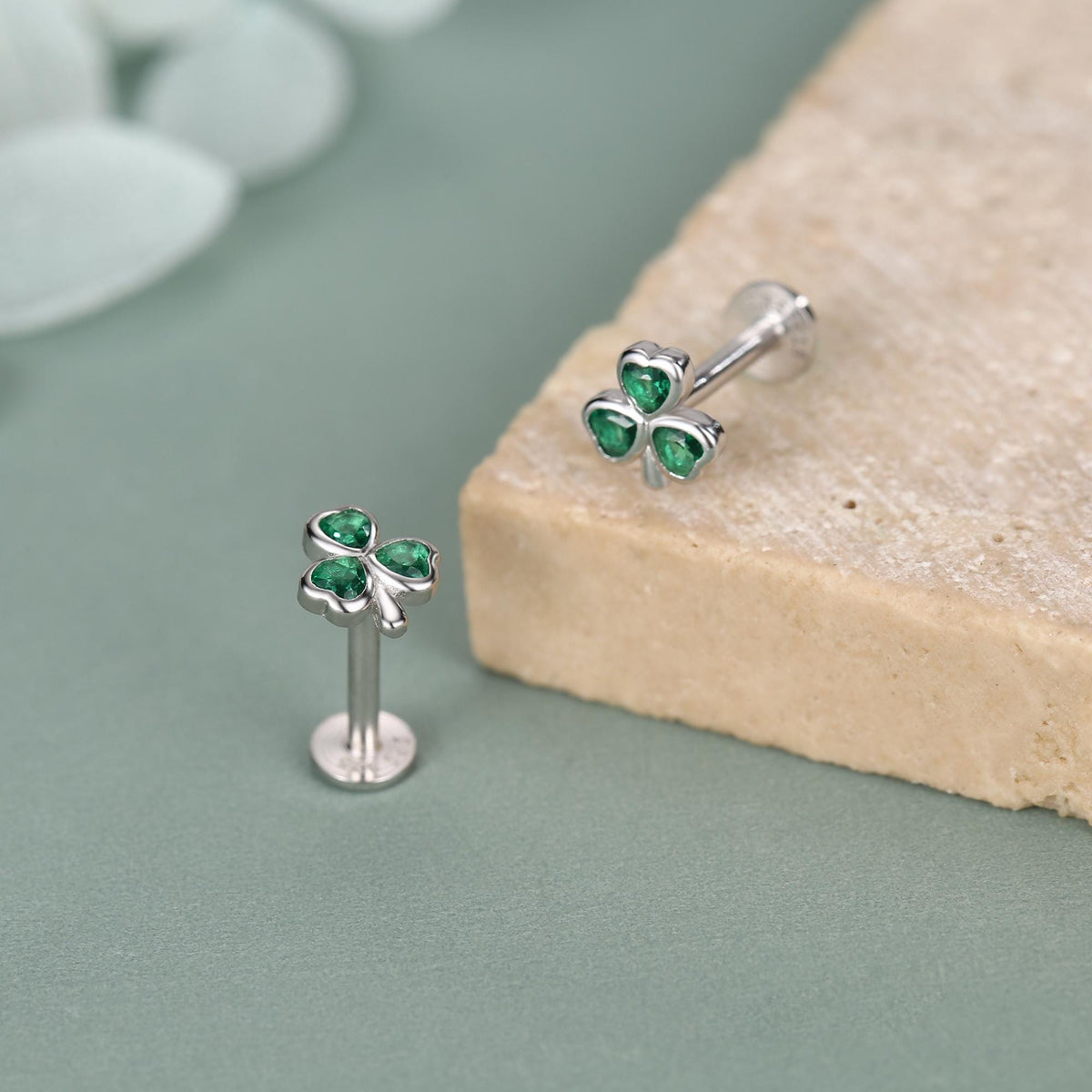 Sterling Silver Green CZ Shamrock 16G Flat Back Earrings