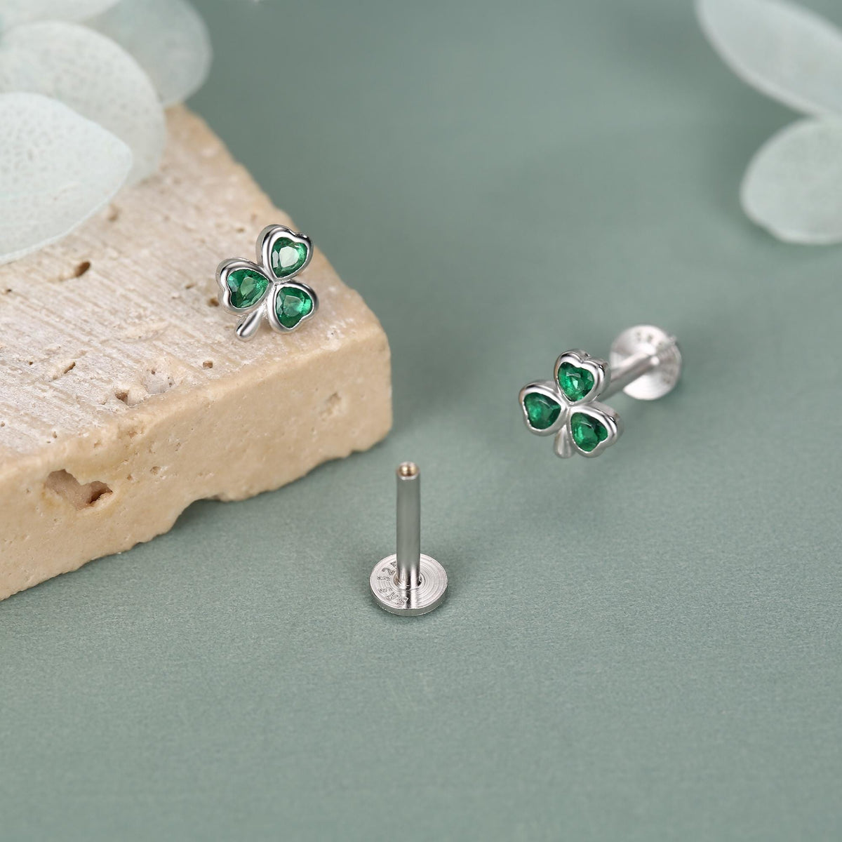 Sterling Silver Green CZ Shamrock 16G Flat Back Earrings