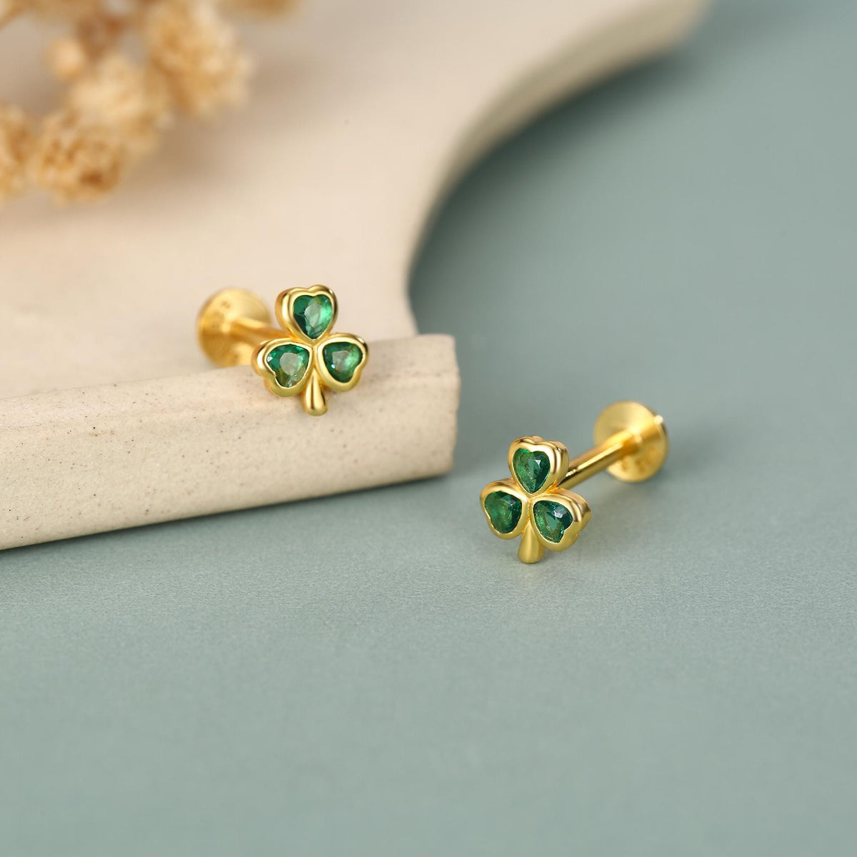 Sterling Silver Green CZ Shamrock 16G Flat Back Earrings