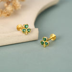 Sterling Silver Green CZ Shamrock 16G Flat Back Earrings