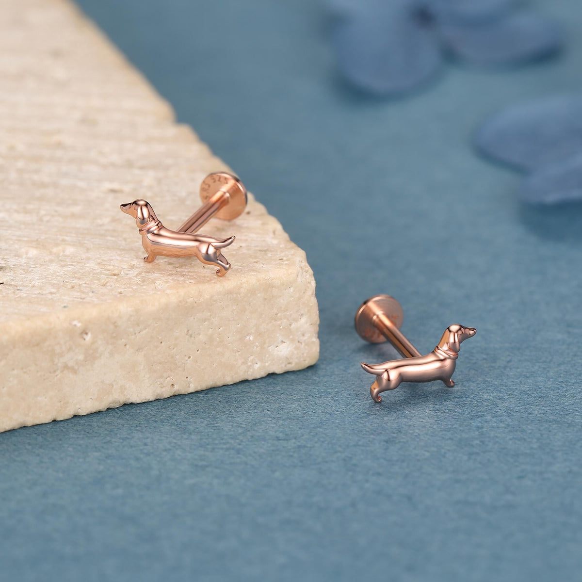 Sterling Silver Dachshund 16G Flat Back Stud Earrings
