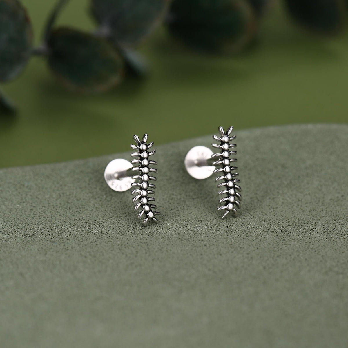 Oxidised Sterling Silver Centipede 16G Flat Back Stud Earrings