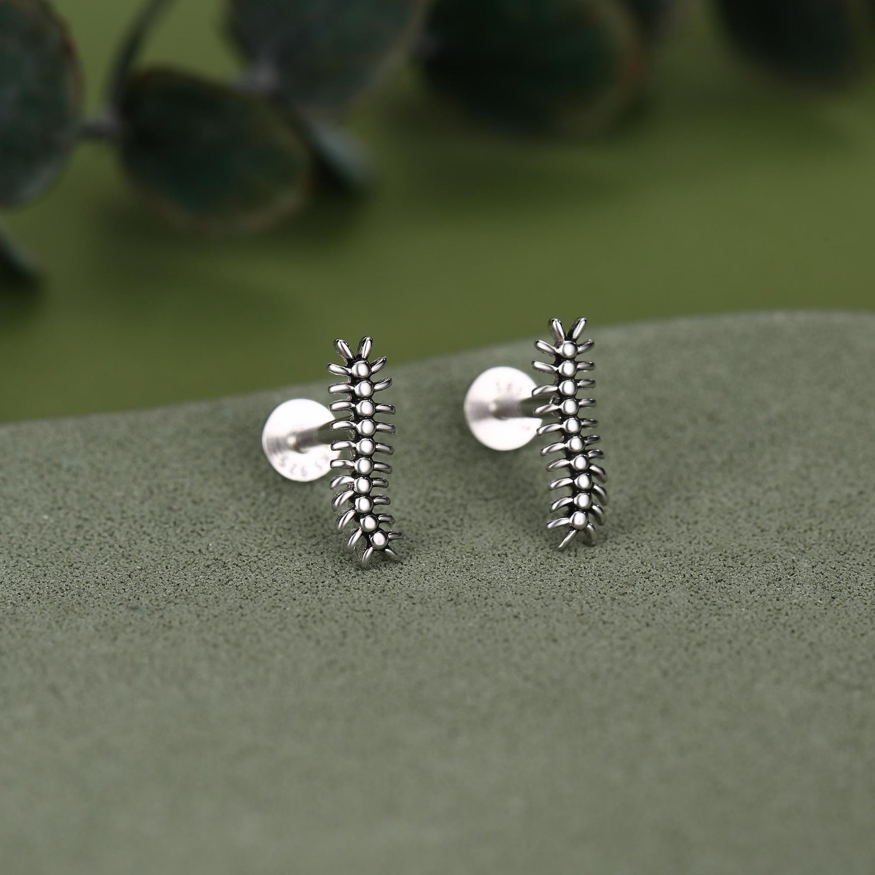 Oxidised Sterling Silver Centipede 16G Flat Back Stud Earrings