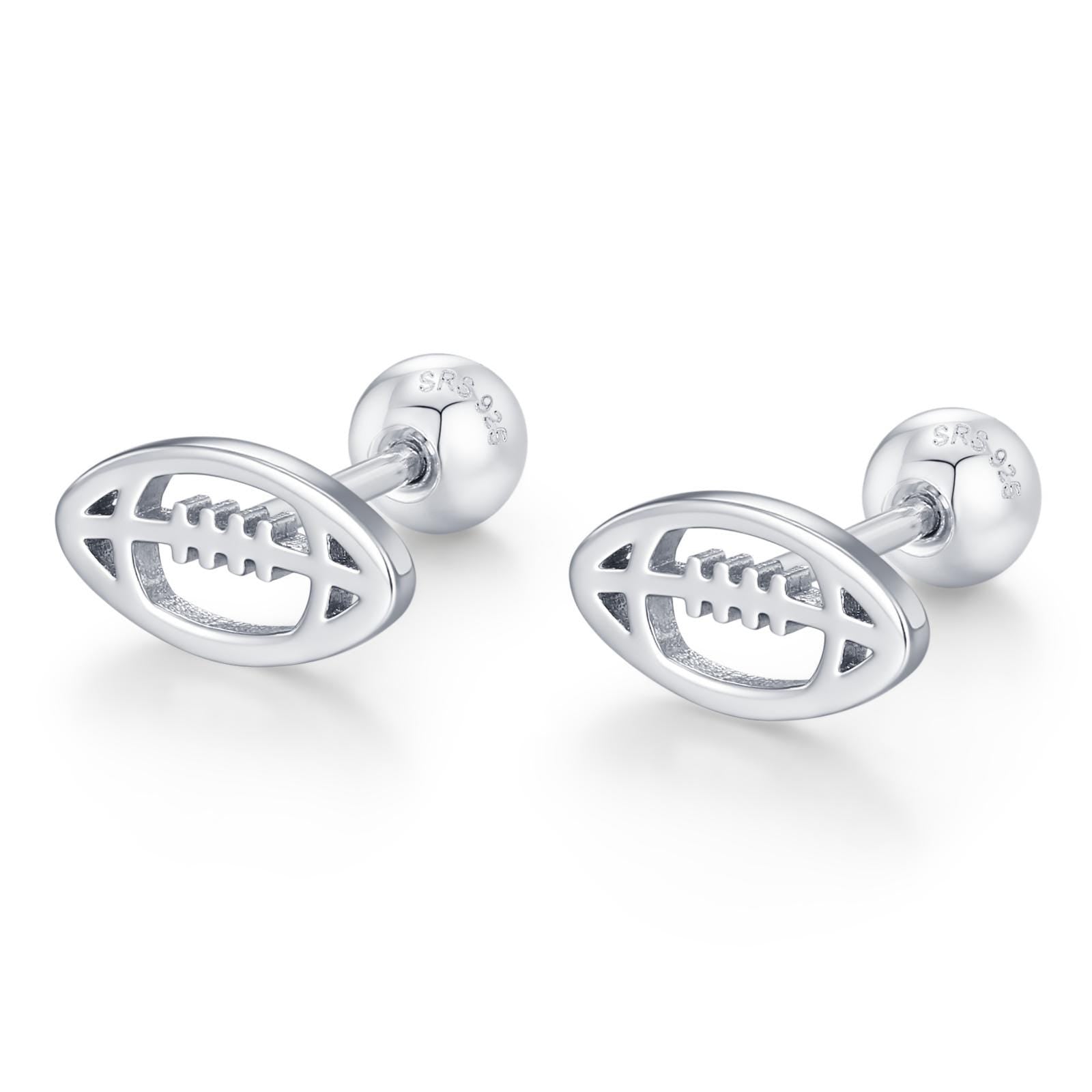 Sterling Silver Rugby Ball 16G Screw Back Stud Earrings