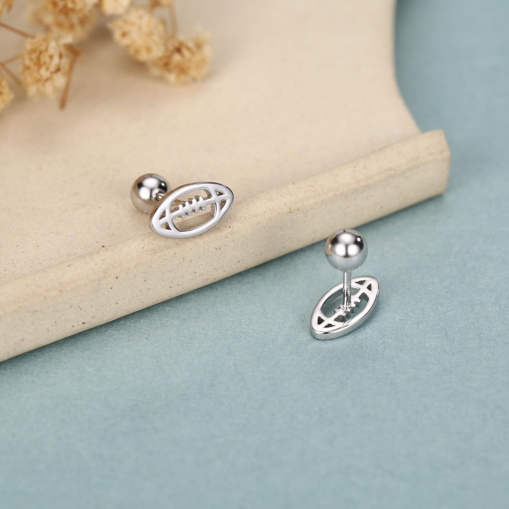 Sterling Silver Rugby Ball 16G Screw Back Stud Earrings