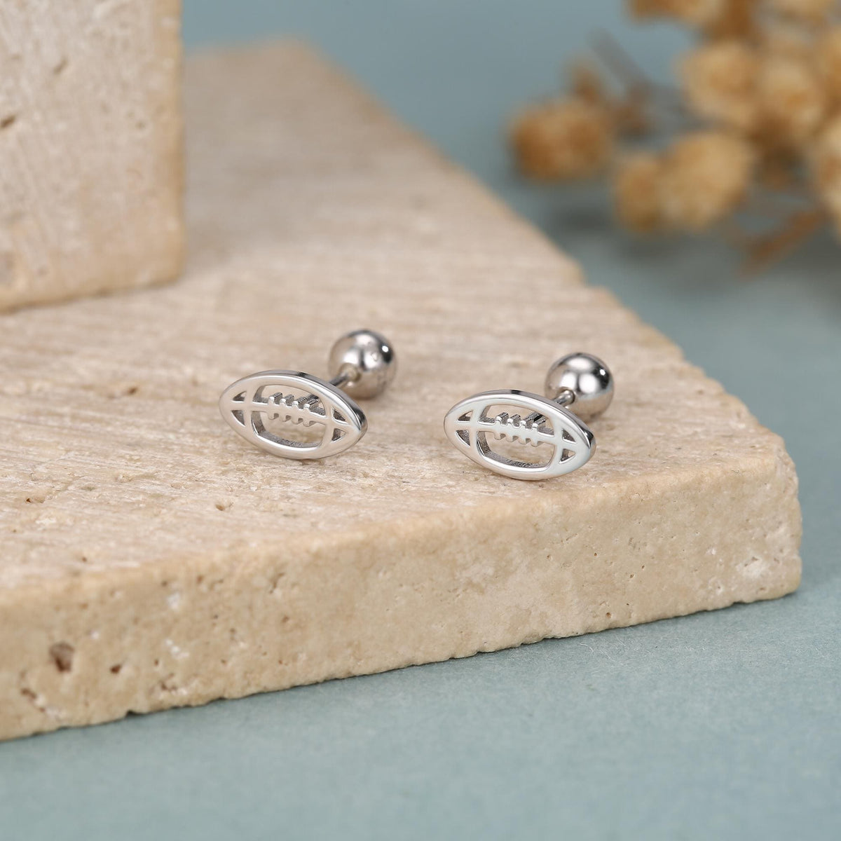 Sterling Silver Rugby Ball 16G Screw Back Stud Earrings