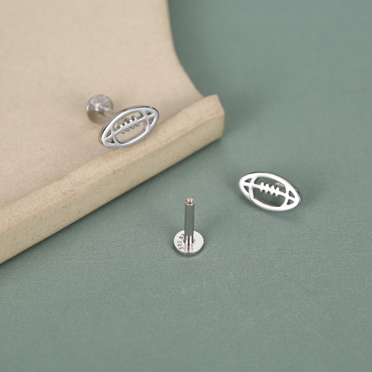 Sterling Silver Rugby Ball 16G Flat Back Stud Earrings
