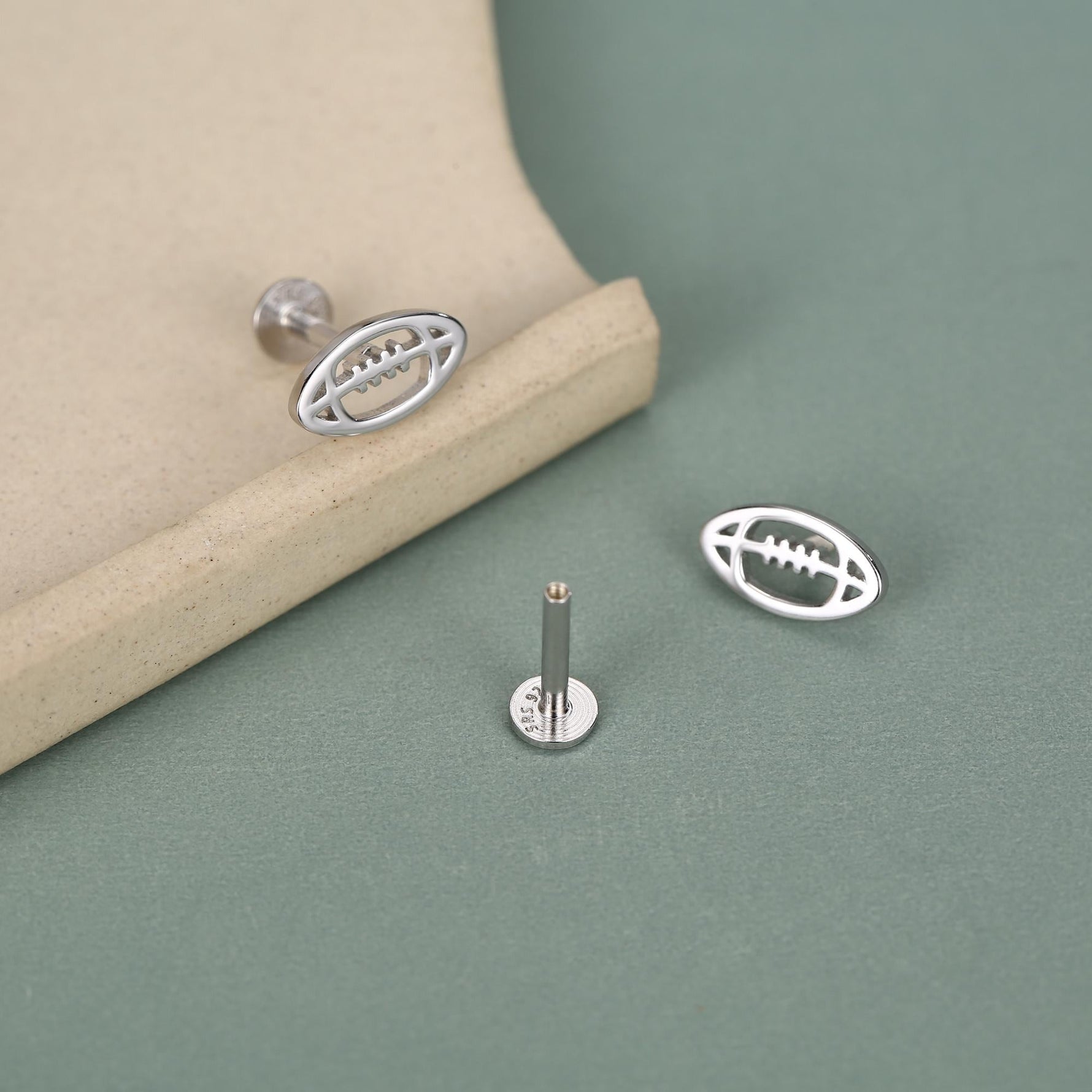Sterling Silver Rugby Ball 16G Flat Back Stud Earrings