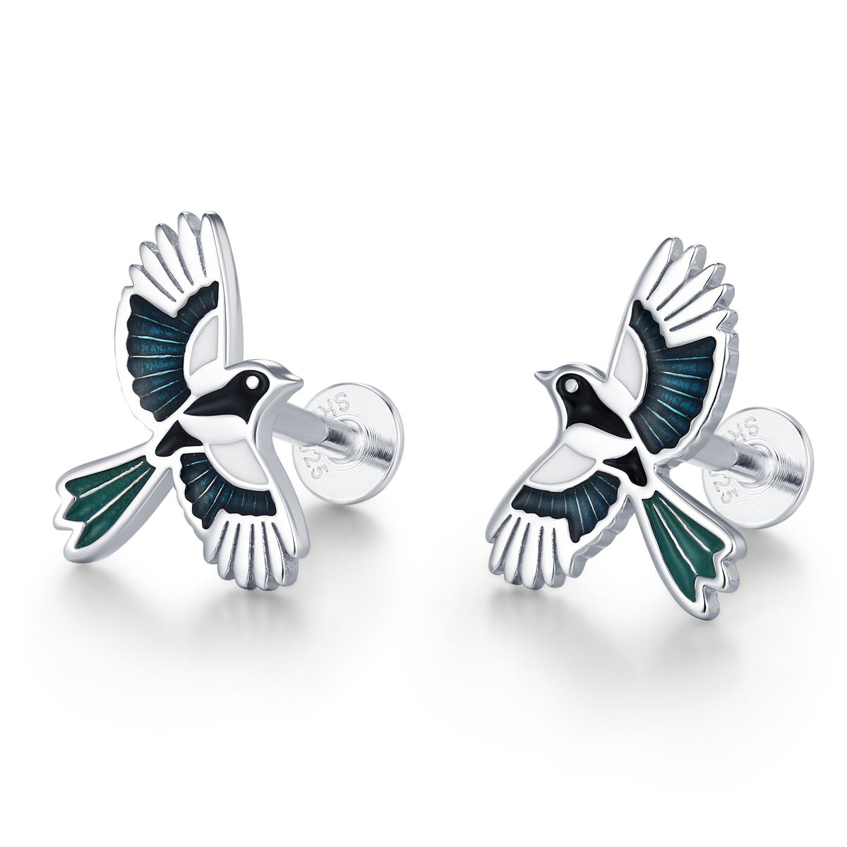 Sterling Silver Enamel Magpie 16G Flat Back Stud Earrings