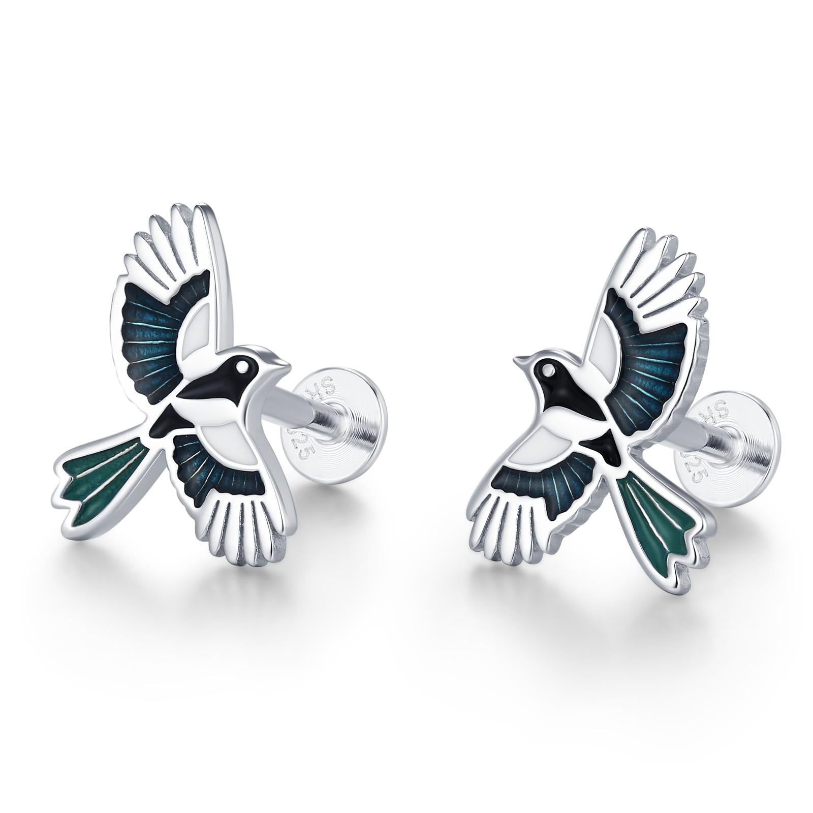 Sterling Silver Enamel Magpie 16G Flat Back Stud Earrings