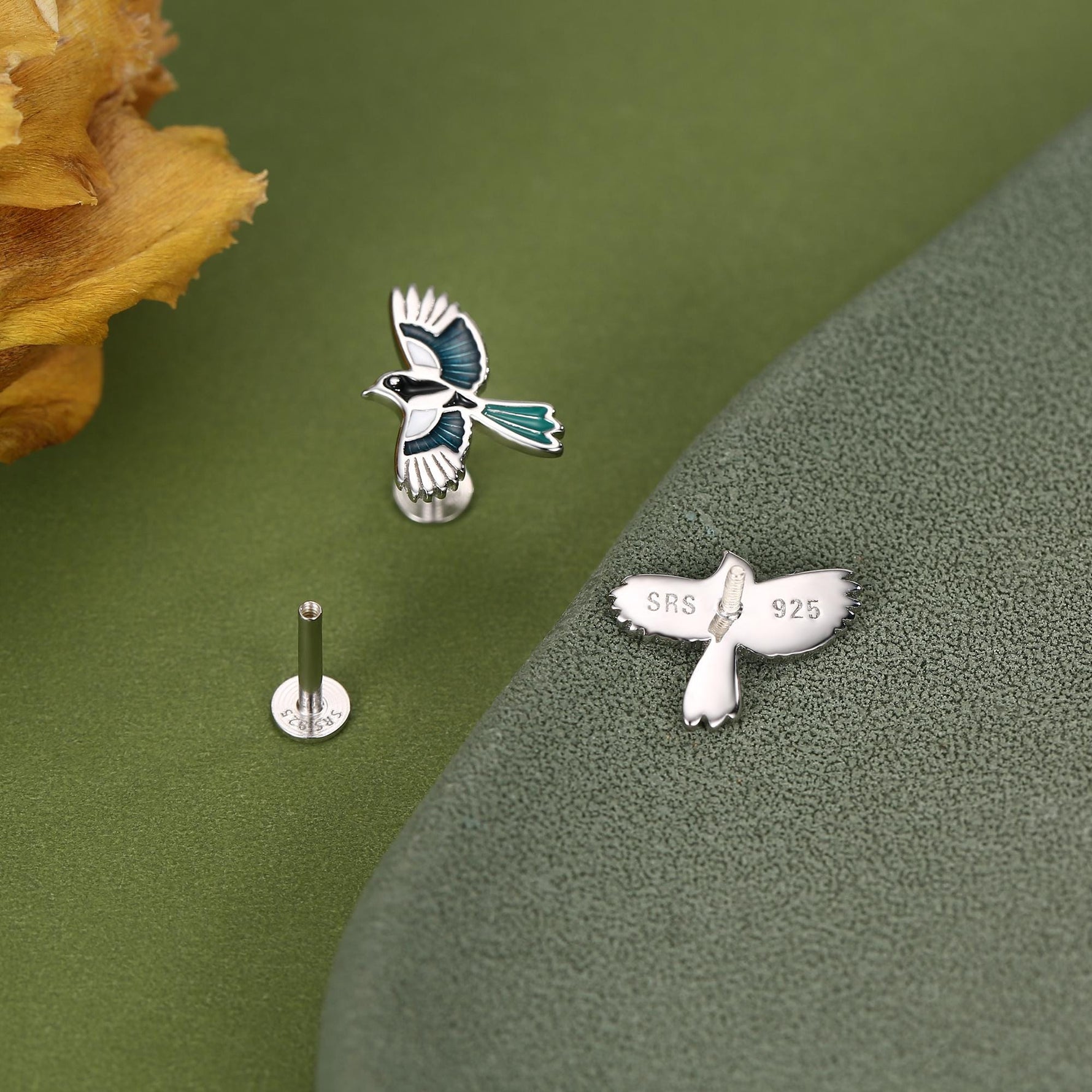 Sterling Silver Enamel Magpie 16G Flat Back Stud Earrings