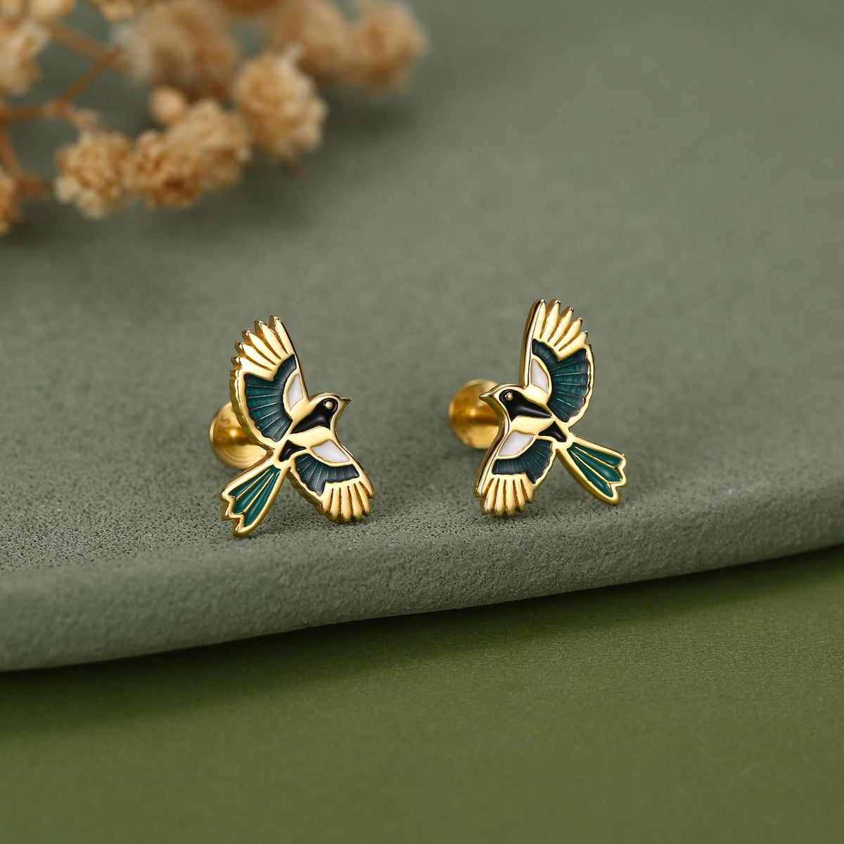 Sterling Silver Enamel Magpie 16G Flat Back Stud Earrings