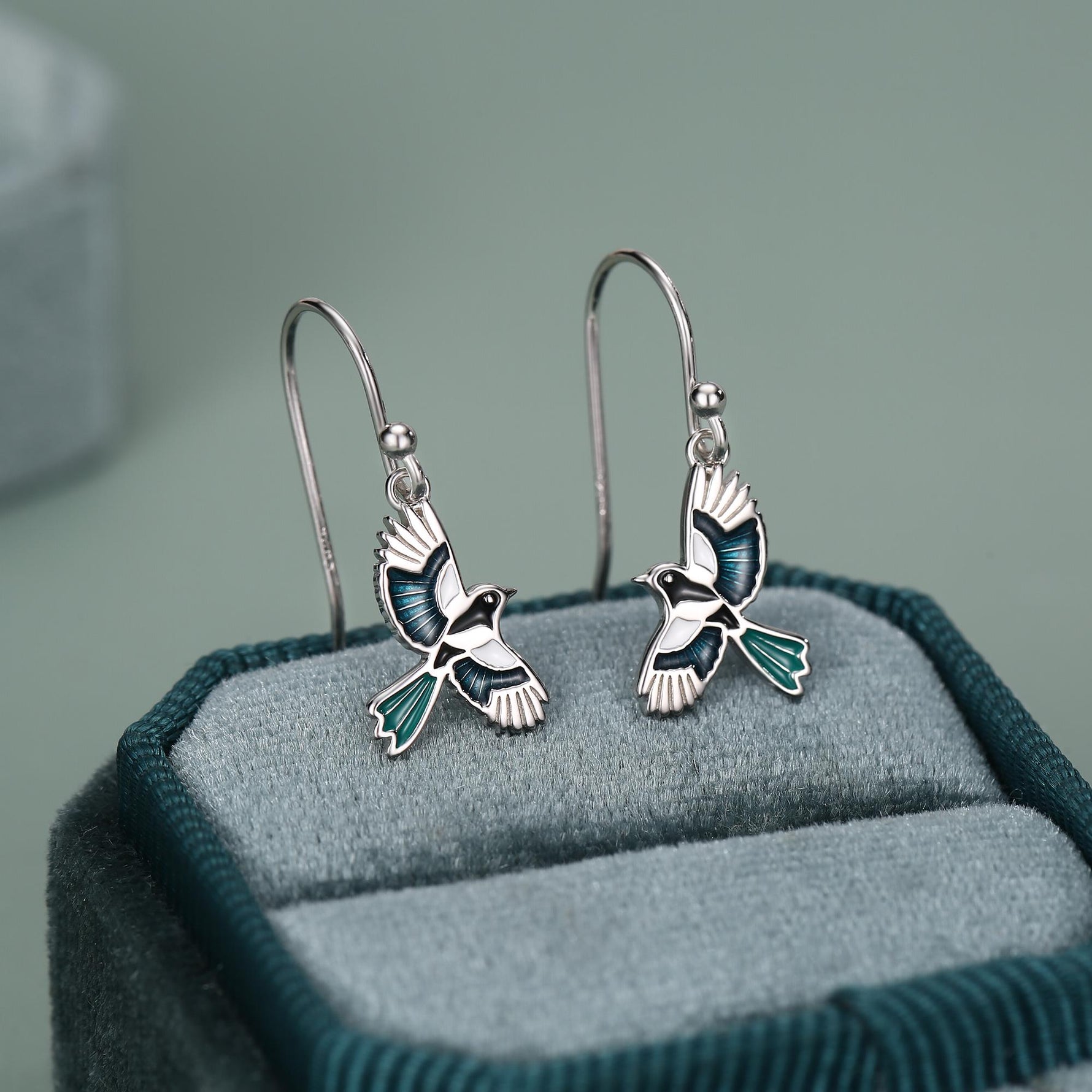 Sterling Silver Enamel Magpie Dangle Hook Earrings