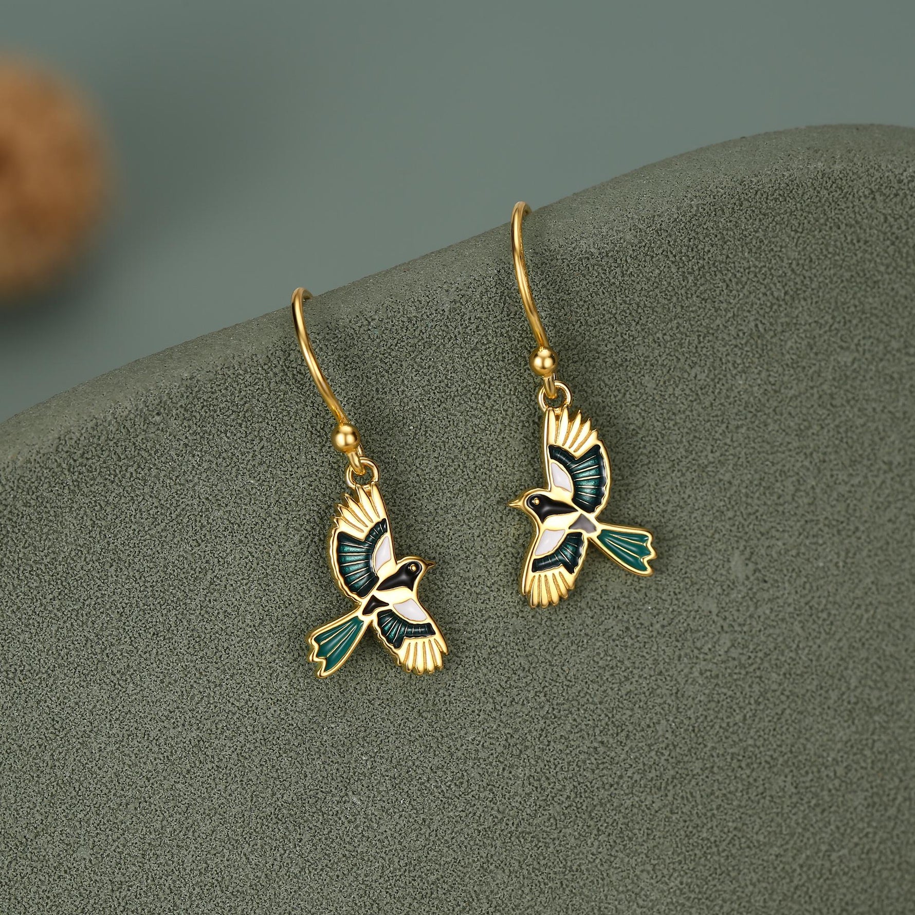 Sterling Silver Enamel Magpie Dangle Hook Earrings