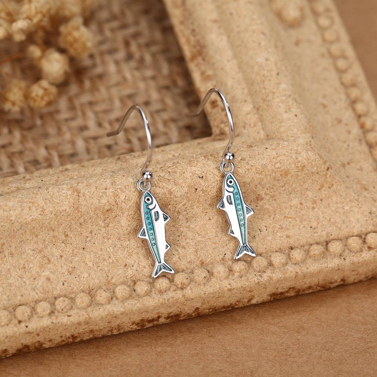 Sterling Silver Enamel Sardine Fish Dangle Hook Earrings