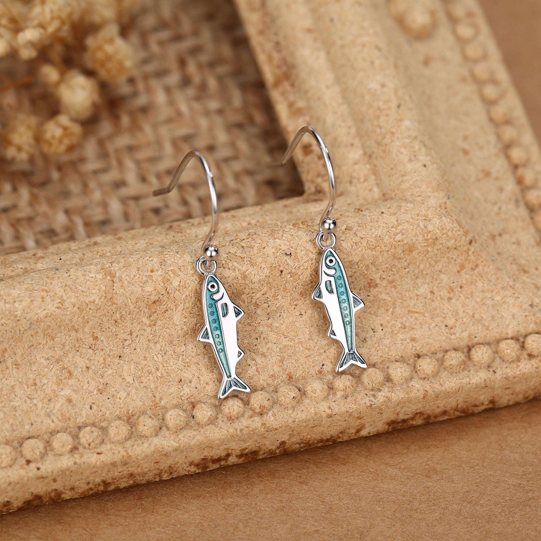 Sterling Silver Enamel Sardine Fish Dangle Hook Earrings
