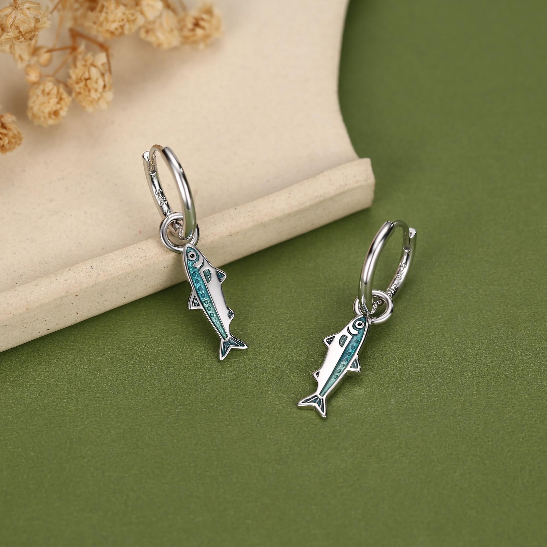 Sterling Silver Enamel Sardine Fish Charm Hoop Earrings