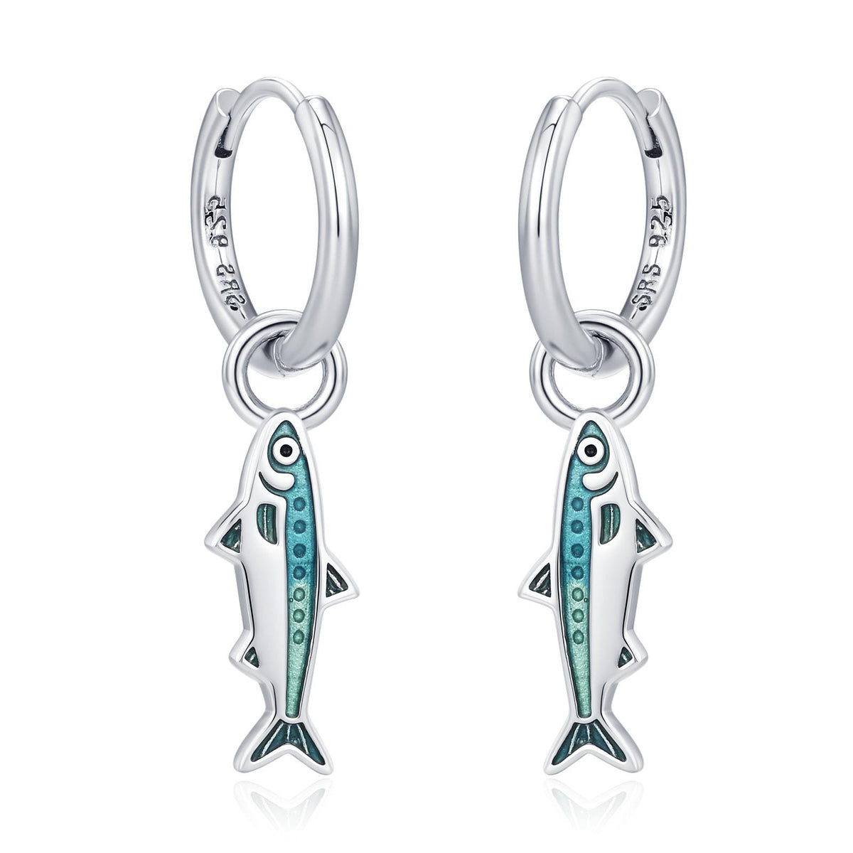 Sterling Silver Enamel Sardine Fish Charm Hoop Earrings