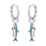 Sterling Silver Enamel Sardine Fish Charm Hoop Earrings