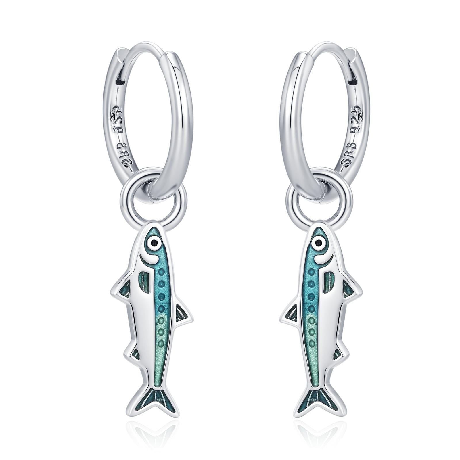 Sterling Silver Enamel Sardine Fish Charm Hoop Earrings