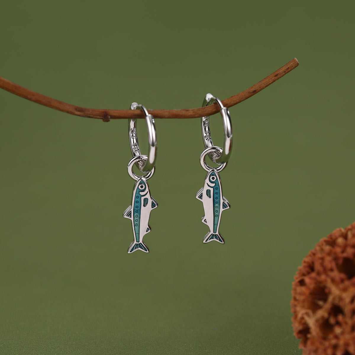 Sterling Silver Enamel Sardine Fish Charm Hoop Earrings