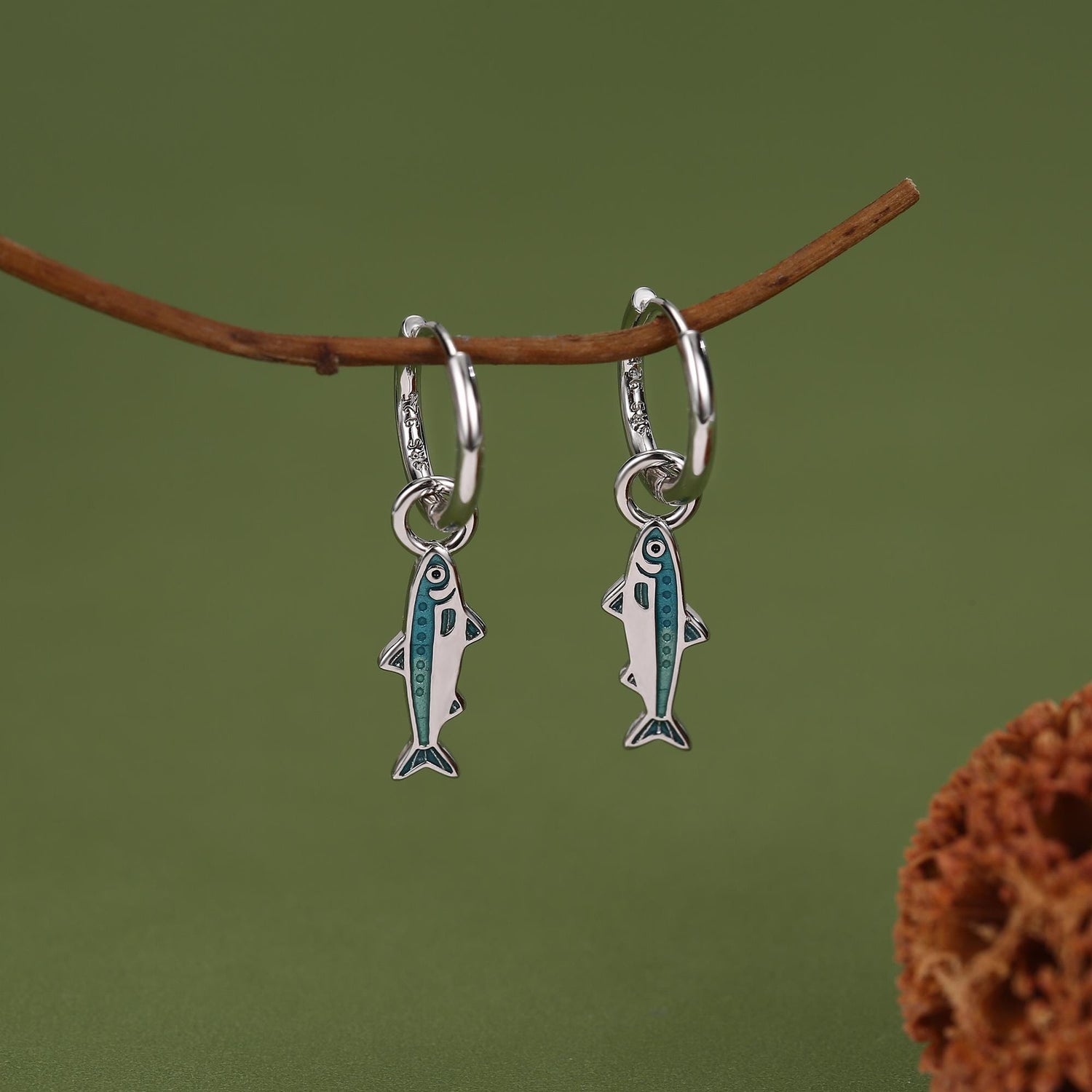 Sterling Silver Enamel Sardine Fish Charm Hoop Earrings
