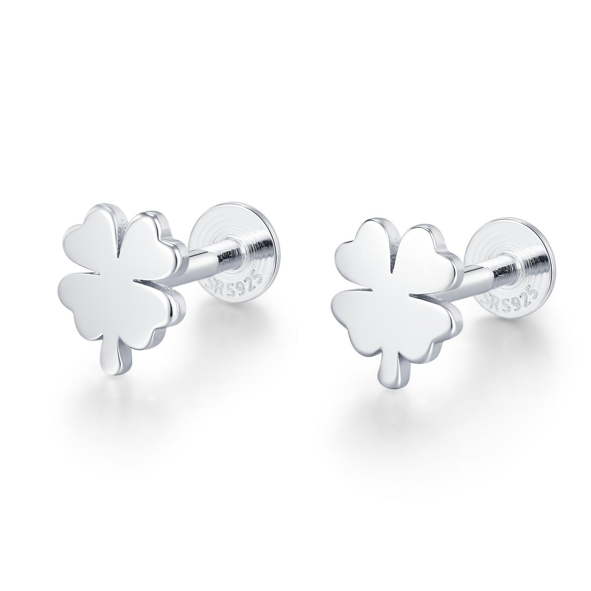 Sterling Silver Four Leaf Clover 16G Flat Back Stud Earrings