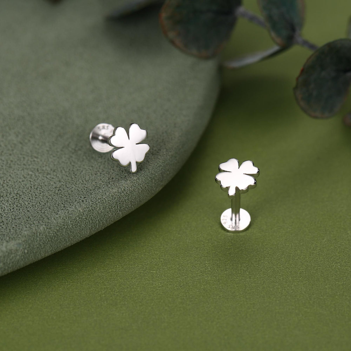 Sterling Silver Four Leaf Clover 16G Flat Back Stud Earrings