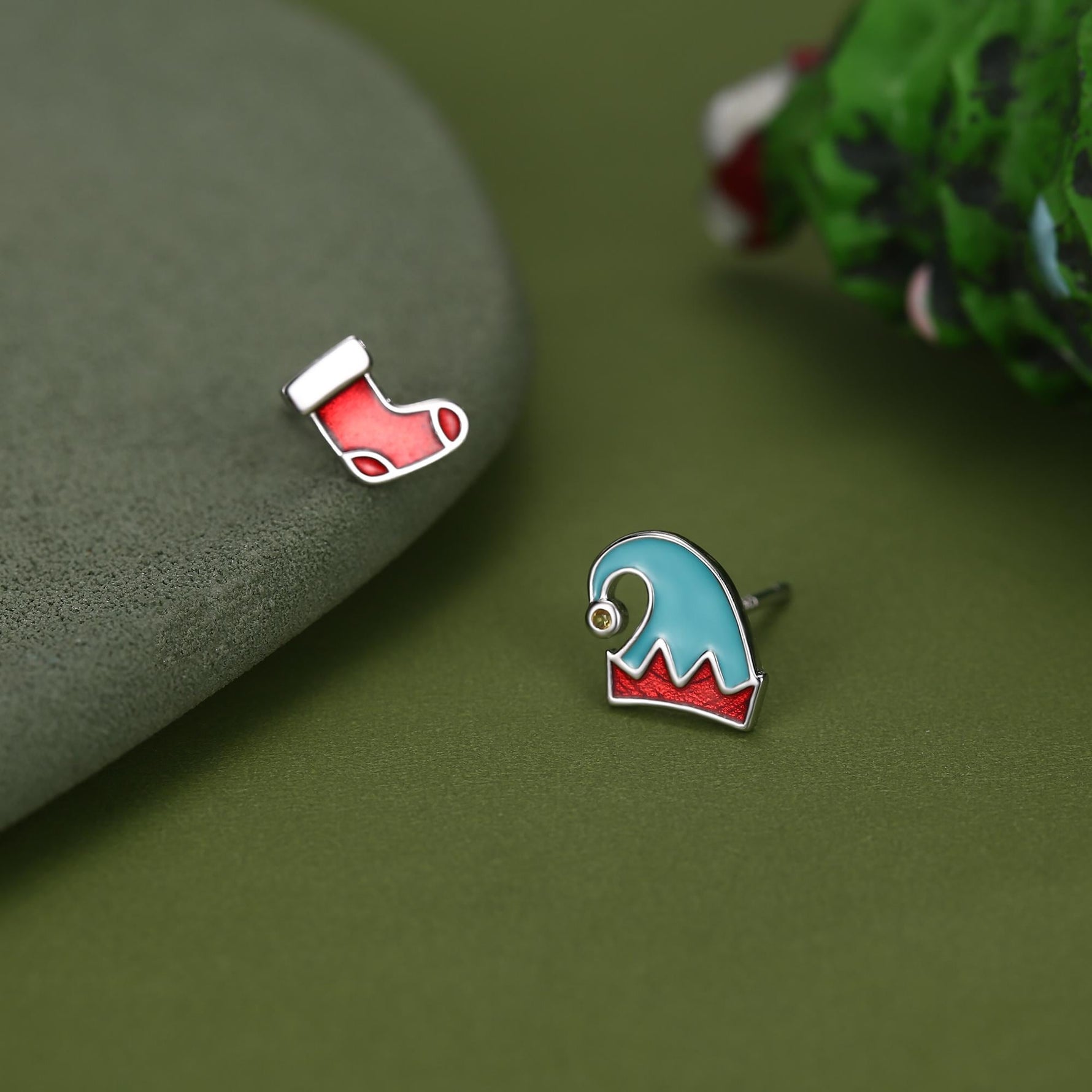 Sterling Silver Christmas Stocking and Elf Hat Mismatched Stud Earrings