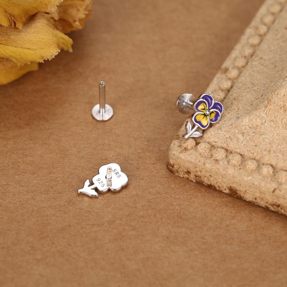 Sterling Silver Enamel Pansy Flower 16G Flat Back Earrings