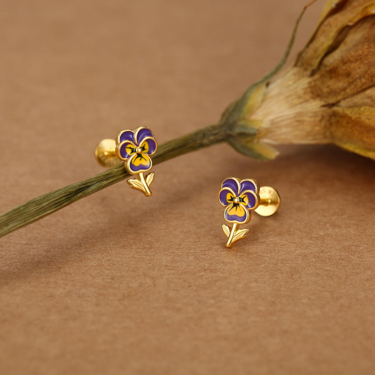 Sterling Silver Enamel Pansy Flower 16G Flat Back Earrings