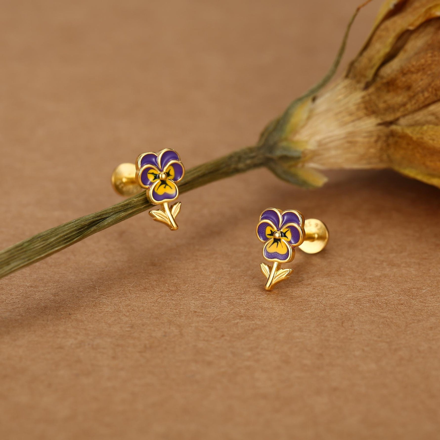 Sterling Silver Enamel Pansy Flower 16G Flat Back Earrings