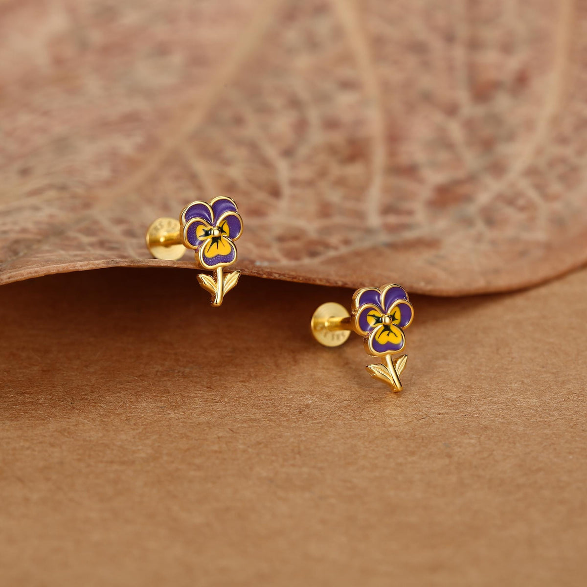 Sterling Silver Enamel Pansy Flower 16G Flat Back Earrings