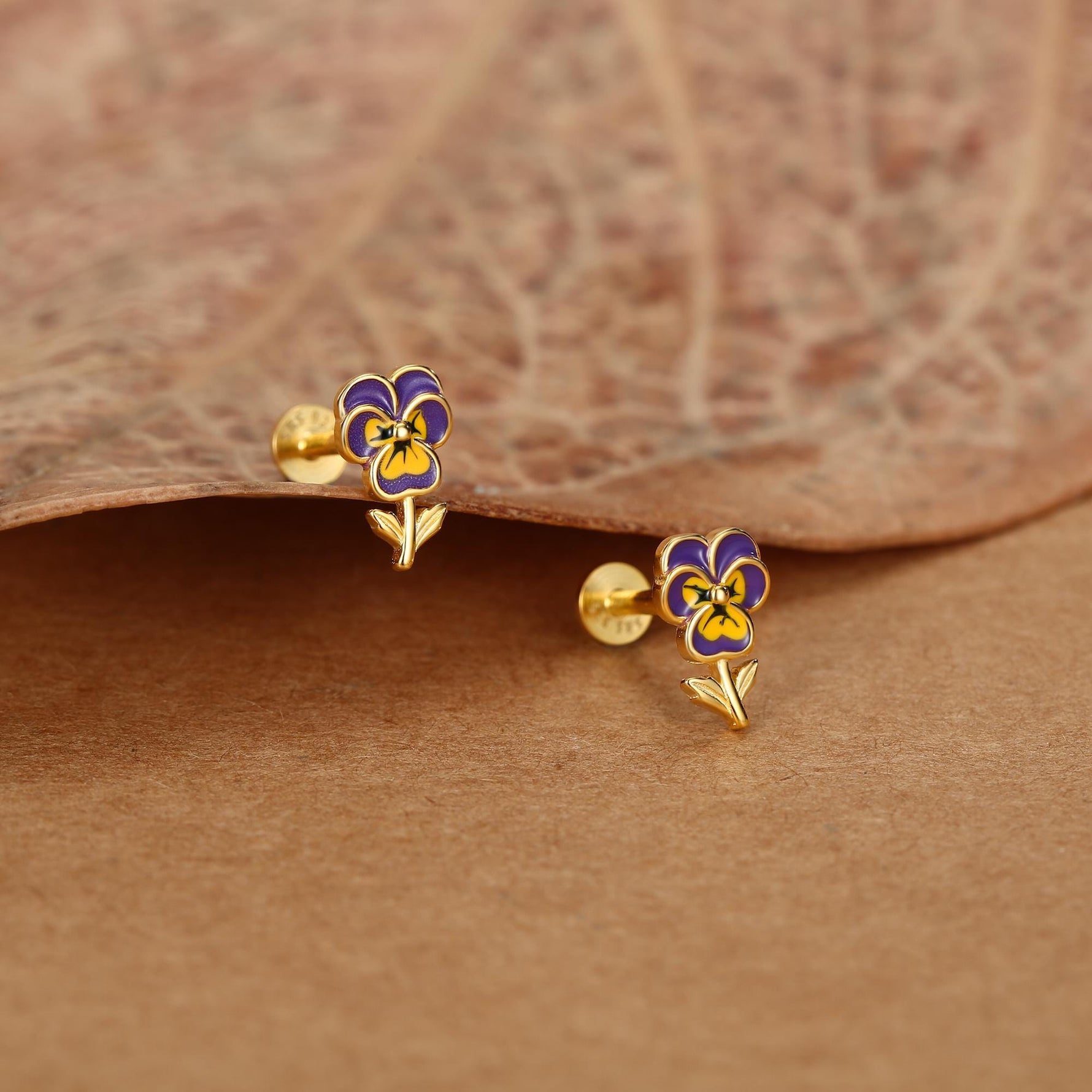Sterling Silver Enamel Pansy Flower 16G Flat Back Earrings