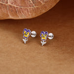 Sterling Silver Enamel Pansy Flower 16G Flat Back Earrings